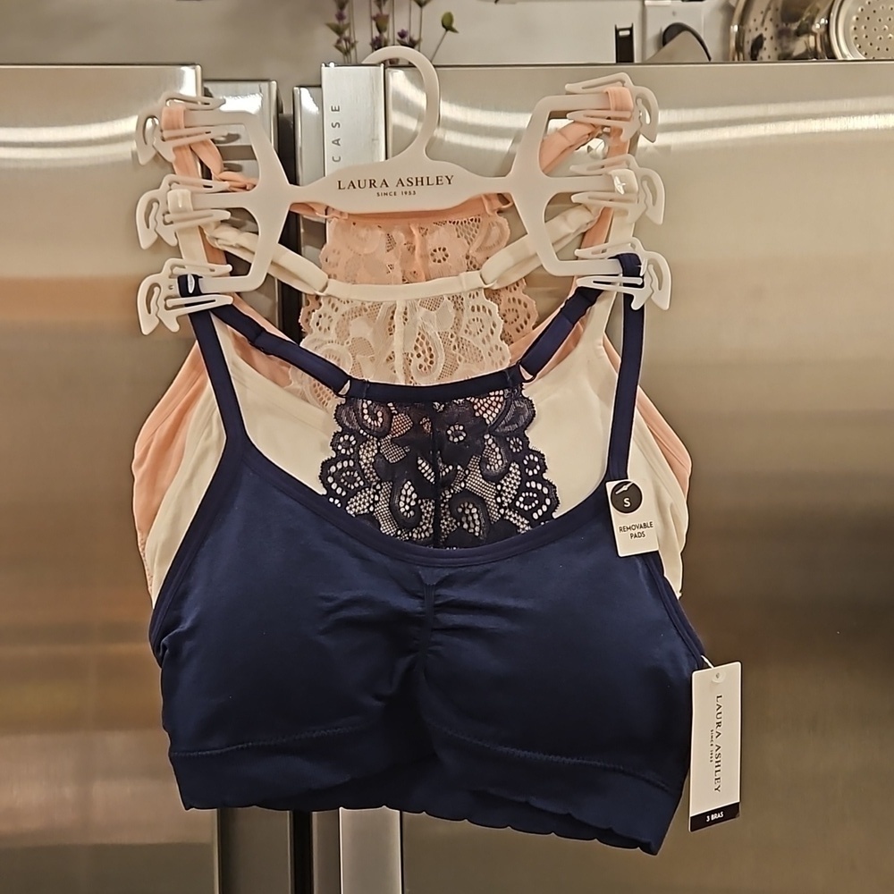 💕LAURA ASHLEY Padded Lace Back Bralettes (3 Pk) Navy Blue Pink White Small NWT